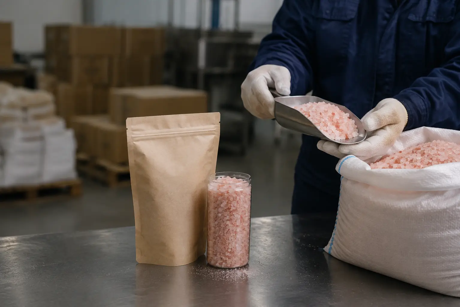 Worker checking Himalayan pink salt for bulk and private-label packaging