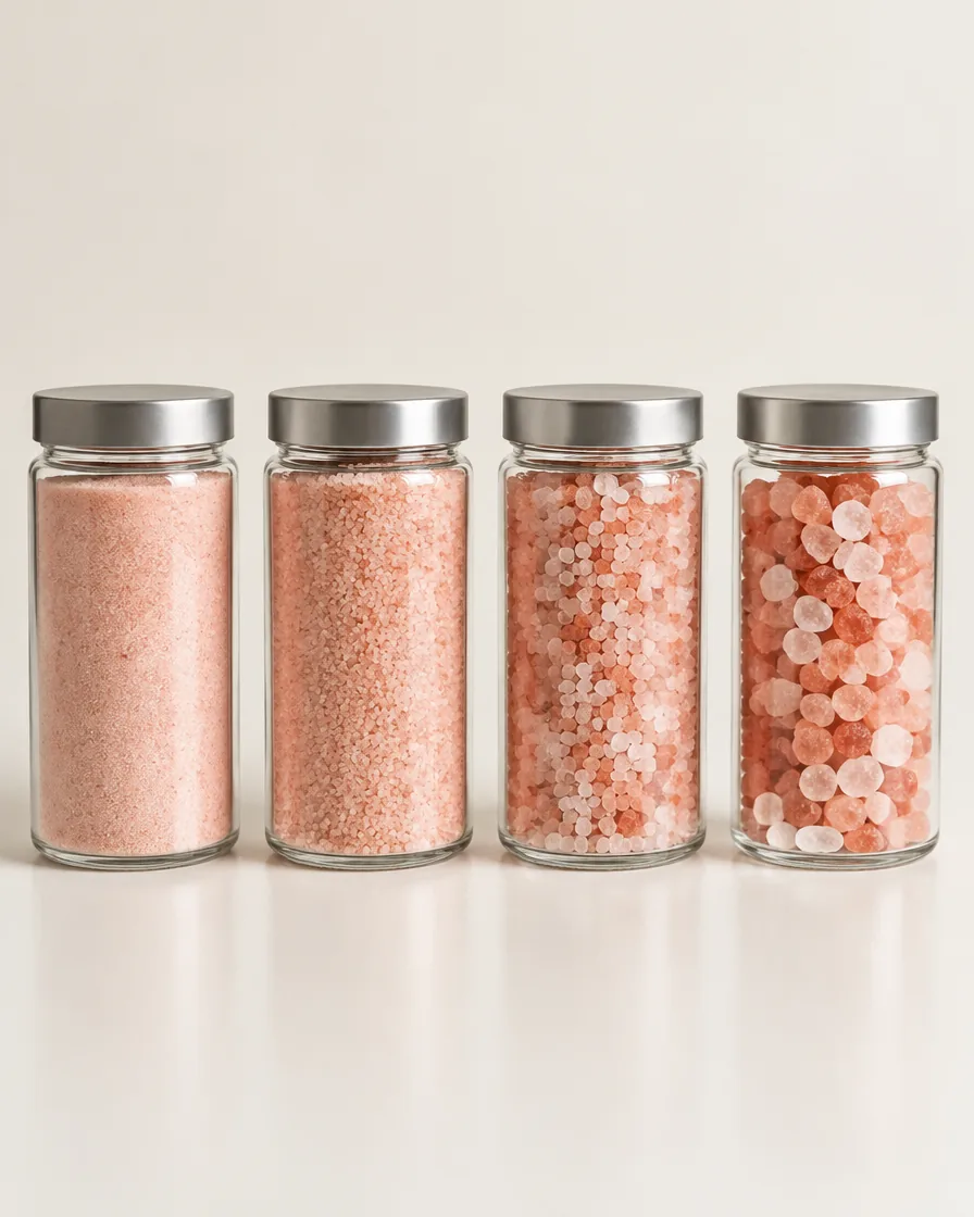 Himalayan pink salt in four grain sizes, from fine powder to coarse crystals, in glass jars